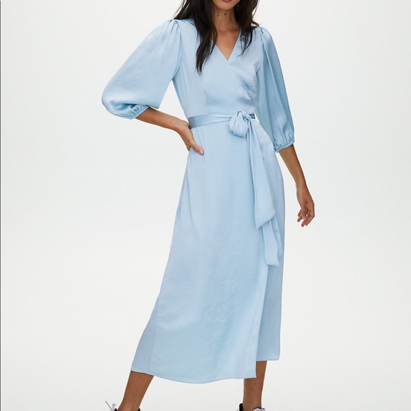 Brand New With Tags Aritzia Blue Satin Wrap Dress - Picture 1 of 9